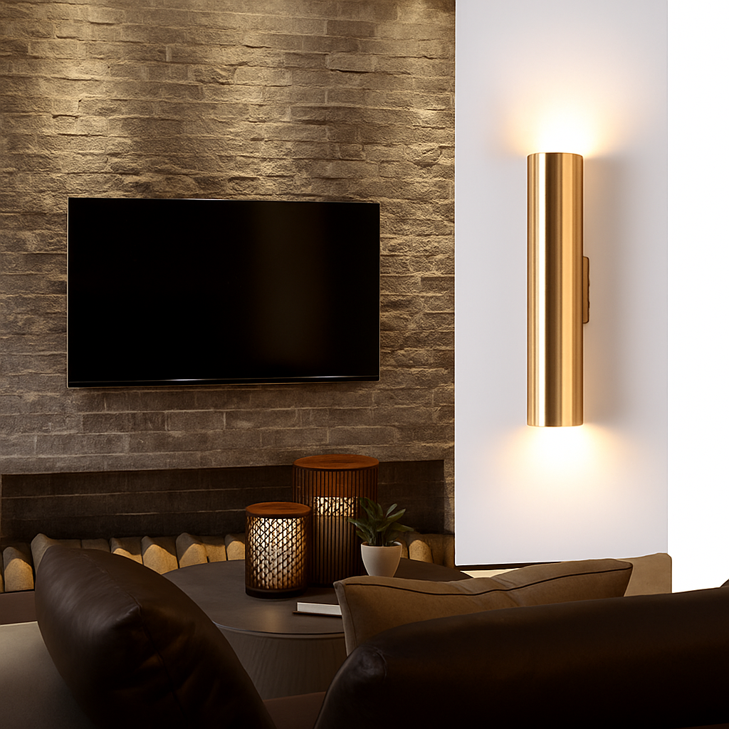 LED Cylindrical Wall Sconce in Gold Finish – Modern Vertical Light Fixture for Bedroom, Dining Room, Hallway – Sleek Metal Tube Accent