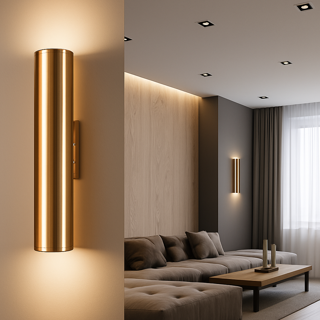 LED Cylindrical Wall Sconce in Gold Finish – Modern Vertical Light Fixture for Bedroom, Dining Room, Hallway – Sleek Metal Tube Accent