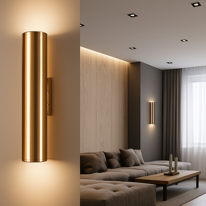 LED Cylindrical Wall Sconce in Gold Finish – Modern Vertical Light Fixture for Bedroom, Dining Room, Hallway – Sleek Metal Tube Accent