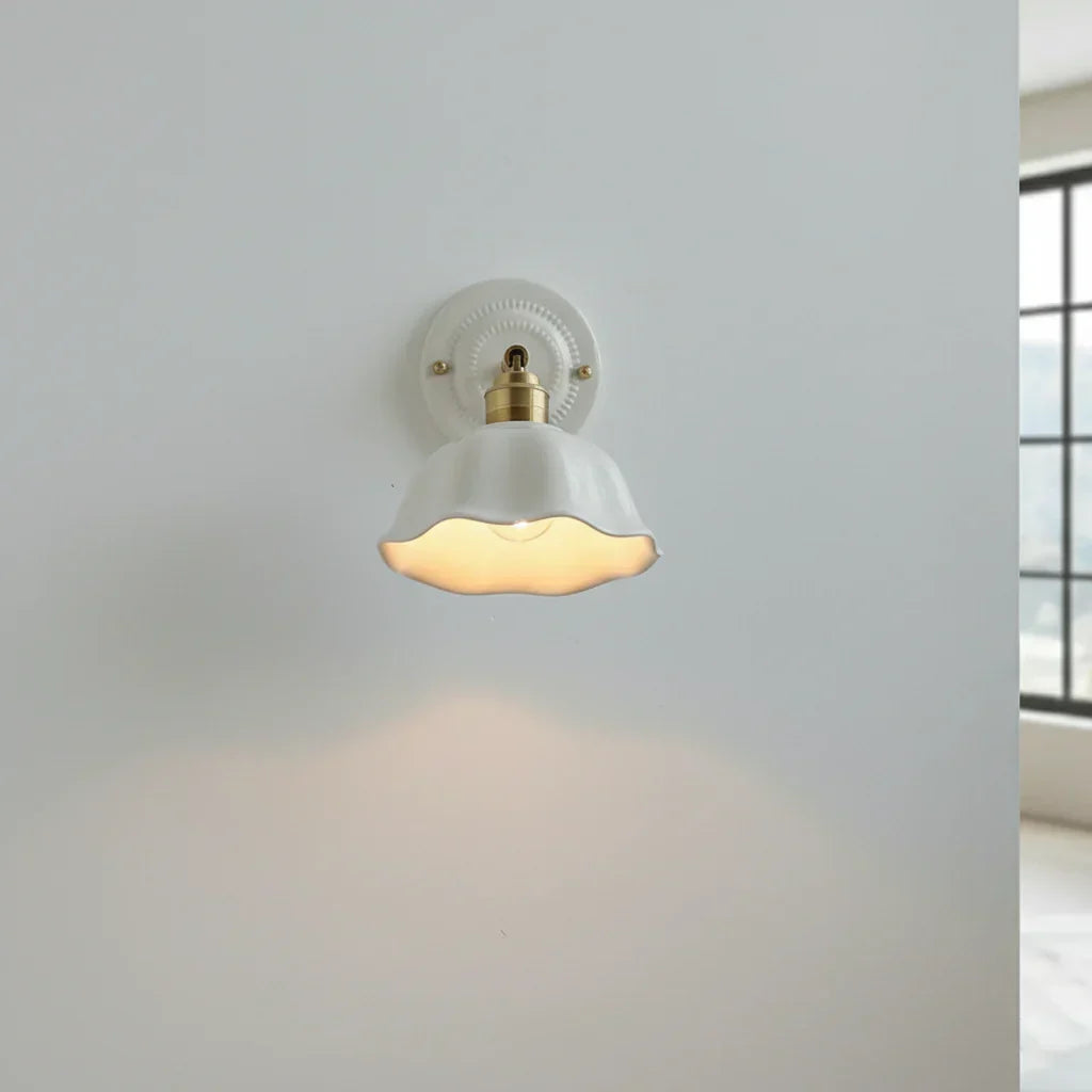 Adjustable Swing Arm Sconce with Porcelain Shade 7 in White & Copper Finish Task Light for Bedroom Nightstand Living Room Wall Accent
