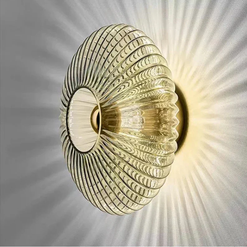 Textured Glass Wall Sconce Amber Finish Shell Design Bedroom Hallway Lighting Indoor Mounted Accent Fixture Vintage Modern Decorative Light