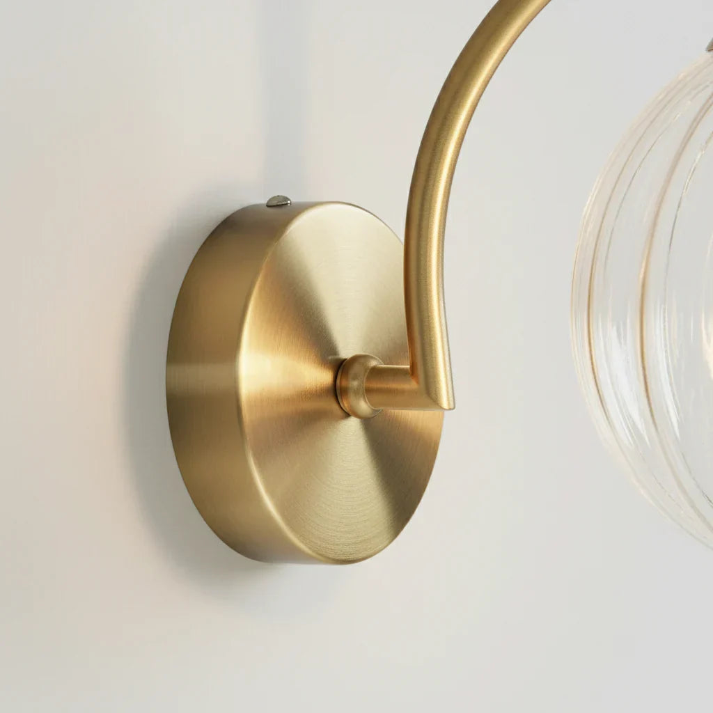Globe Sconce 9-Inch Gold Arm Smoked Ribbed Glass Sphere Fixture Bedroom Beside Reading Light Hallway Entry Art Deco Retro Modern