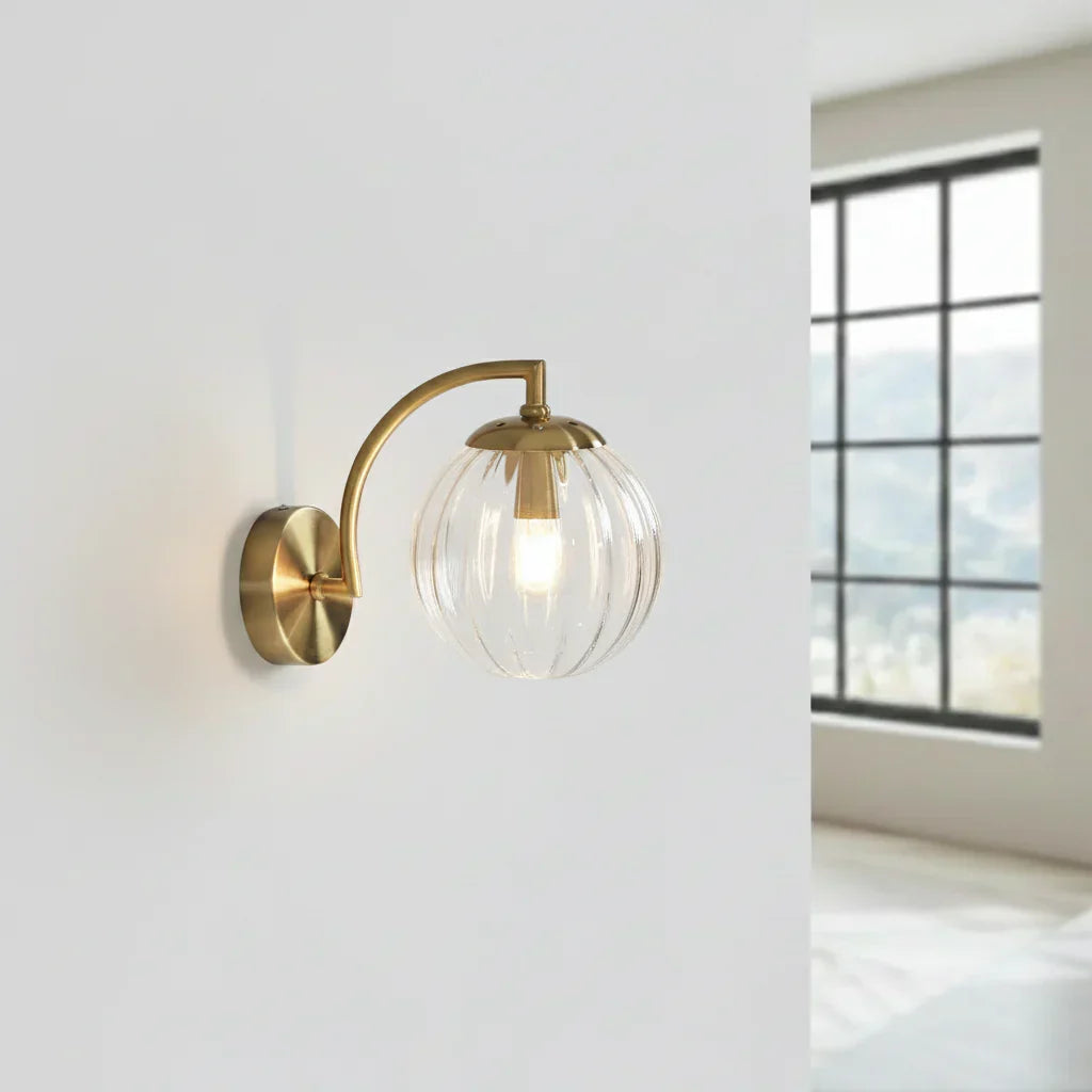 Globe Sconce 9-Inch Gold Arm Smoked Ribbed Glass Sphere Fixture Bedroom Beside Reading Light Hallway Entry Art Deco Retro Modern