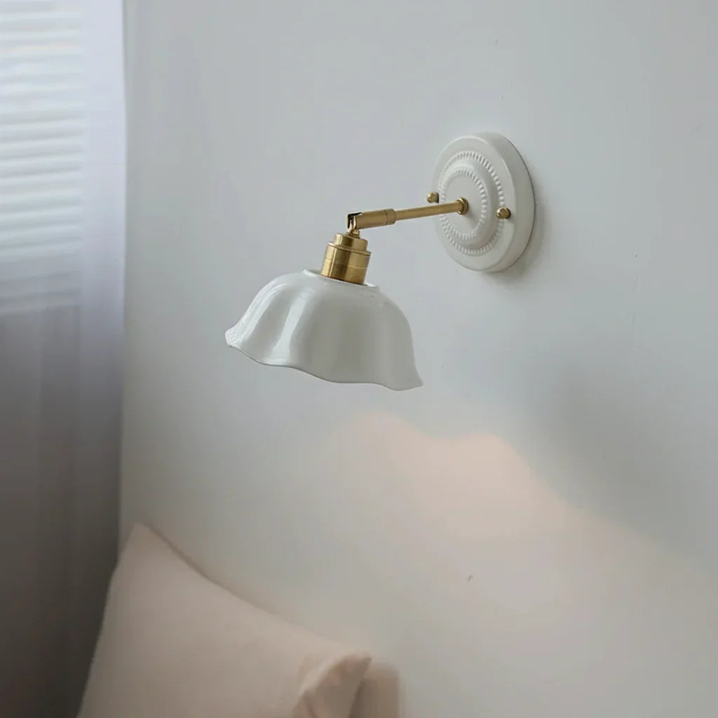 Adjustable Swing Arm Sconce with Porcelain Shade 7 in White & Copper Finish Task Light for Bedroom Nightstand Living Room Wall Accent