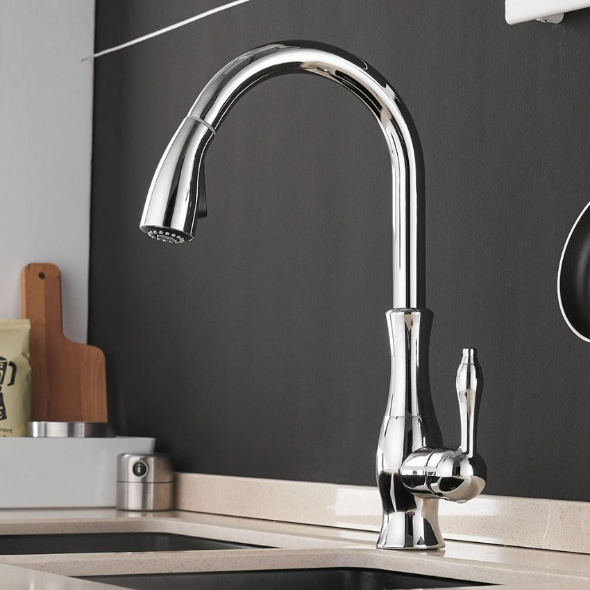 Single-Handle Brass Sink Mixer with Retractable Spray Hose for Kitchen – 17.7 in Height, 360° Swivel Spout, Easy-Install Single-Hole Mount,