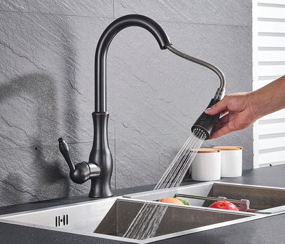 Single-Handle Brass Sink Mixer with Retractable Spray Hose for Kitchen – 17.7 in Height, 360° Swivel Spout, Easy-Install Single-Hole Mount,