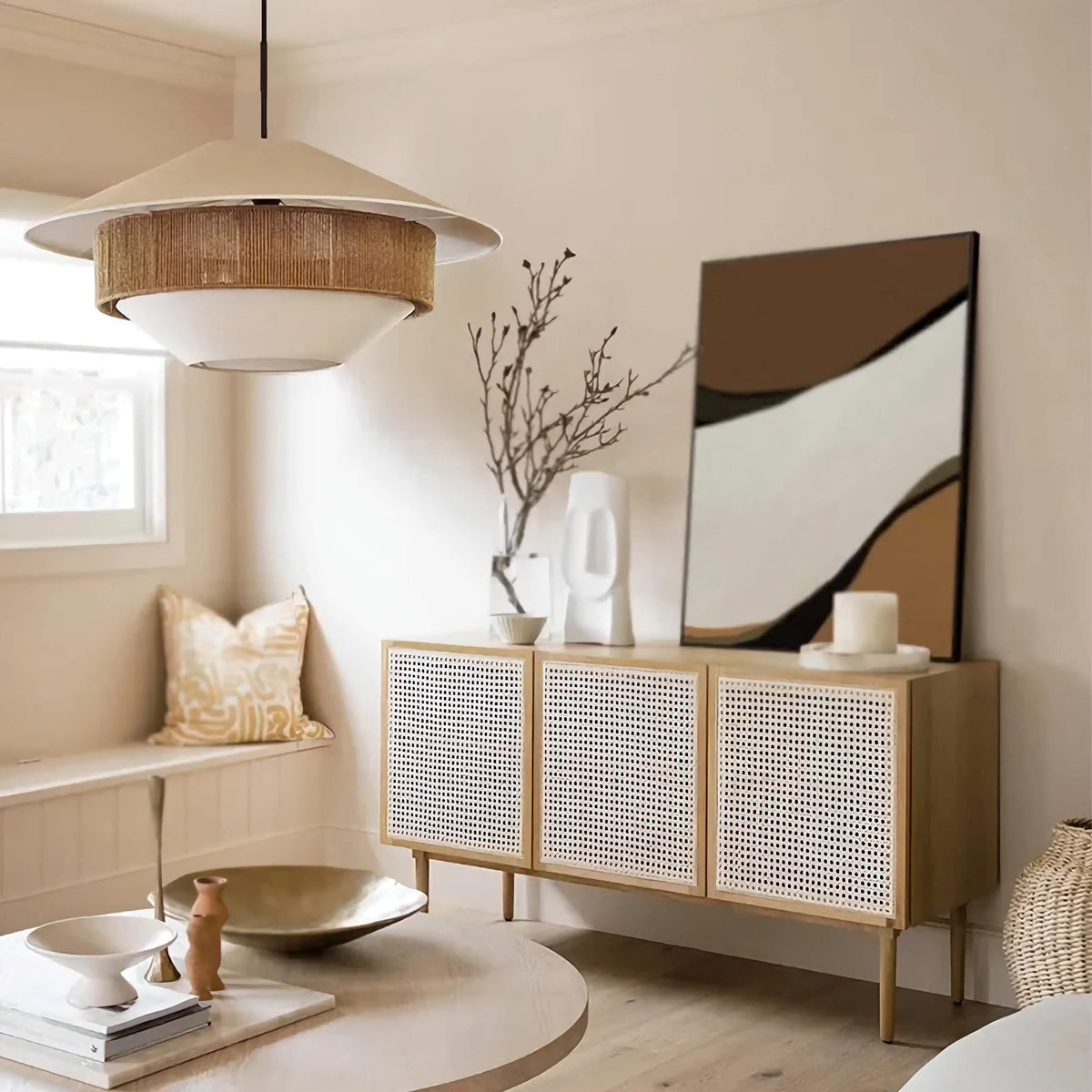 Woven Rattan-Style Hanging Fixture Brown Cotton 20 in Dining Room Bedroom Soft Glow Overhead Japandi Minimalist Living Room Natural Fiber Ce