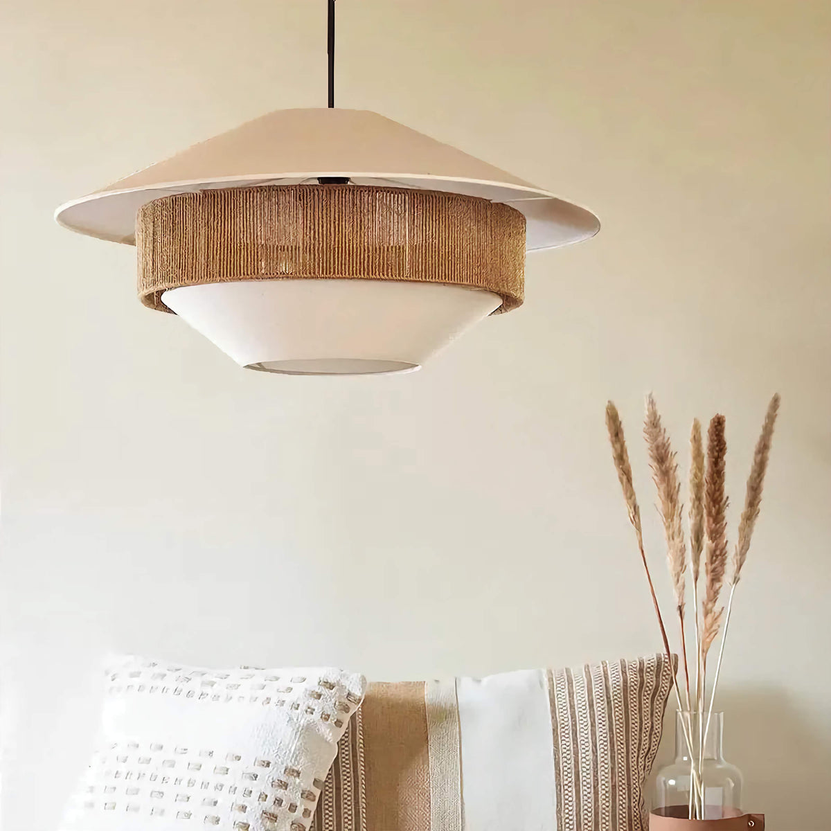 Woven Rattan-Style Hanging Fixture Brown Cotton 20 in Dining Room Bedroom Soft Glow Overhead Japandi Minimalist Living Room Natural Fiber Ce