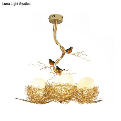 Nature-Inspired Ceiling Pendant Light with Bird Accents & Woven Metal Design — Gold Hanging Fixture for Dining Room, Bedroom, Living Room