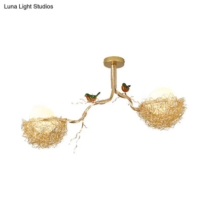 Nature-Inspired Ceiling Pendant Light with Bird Accents & Woven Metal Design — Gold Hanging Fixture for Dining Room, Bedroom, Living Room