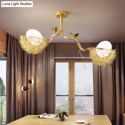 Nature-Inspired Ceiling Pendant Light with Bird Accents & Woven Metal Design — Gold Hanging Fixture for Dining Room, Bedroom, Living Room