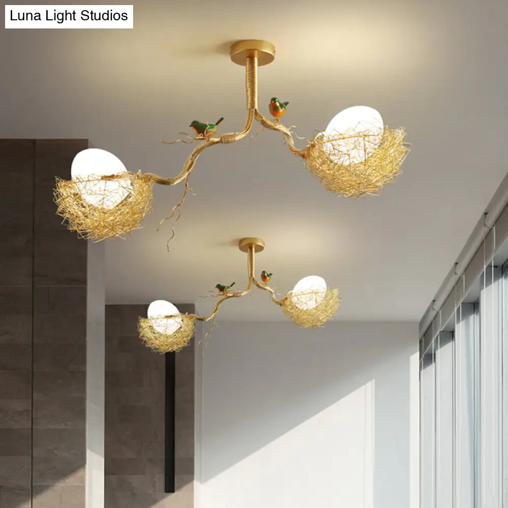 Nature-Inspired Ceiling Pendant Light with Bird Accents & Woven Metal Design — Gold Hanging Fixture for Dining Room, Bedroom, Living Room