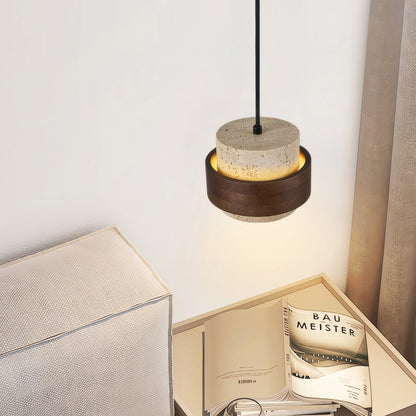Natural Travertine Stone Pendant Light with Wood Accents – Adjustable Height LED Ceiling Fixture for Dining Room, Kitchen Island & Bar