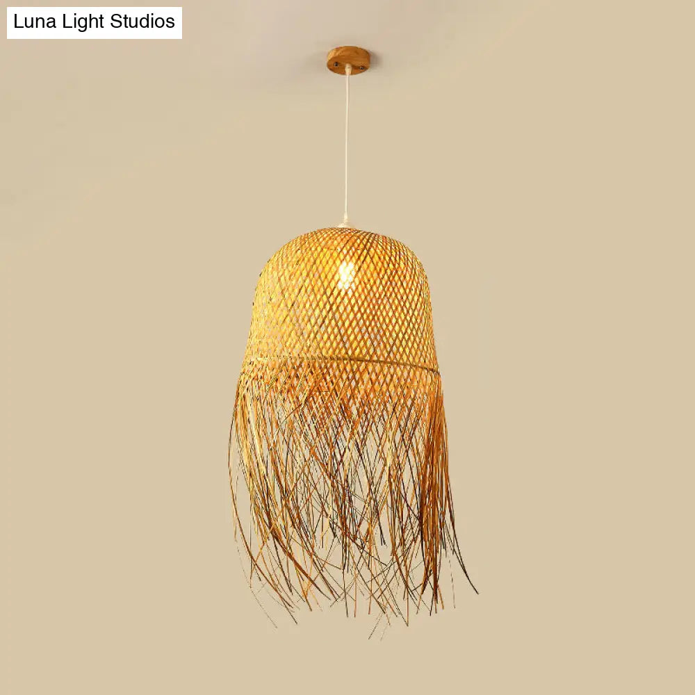 Woven Rattan Dome Hanging Light with Natural Fringe Trim | Bohemian Ceiling Pendant Fixture | E26 Socket | 1-Bulb