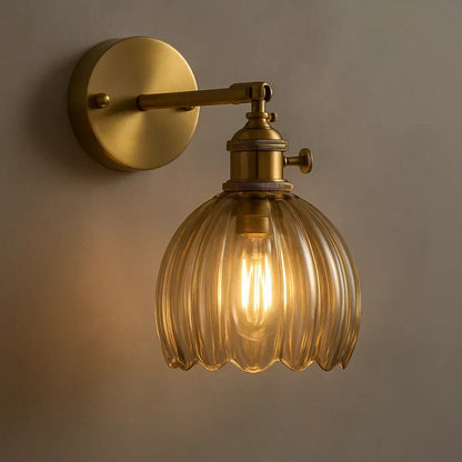 Tulip Glass Sconce with Brass Arm 7 in Floral Shade E27 Socket Bedside Hallway Ambient Light Vintage Decorative Fixture for Bedroom Living R