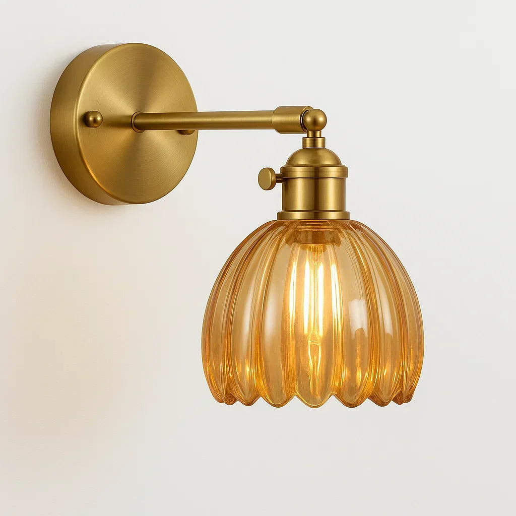 Tulip Glass Sconce with Brass Arm 7 in Floral Shade E27 Socket Bedside Hallway Ambient Light Vintage Decorative Fixture for Bedroom Living R