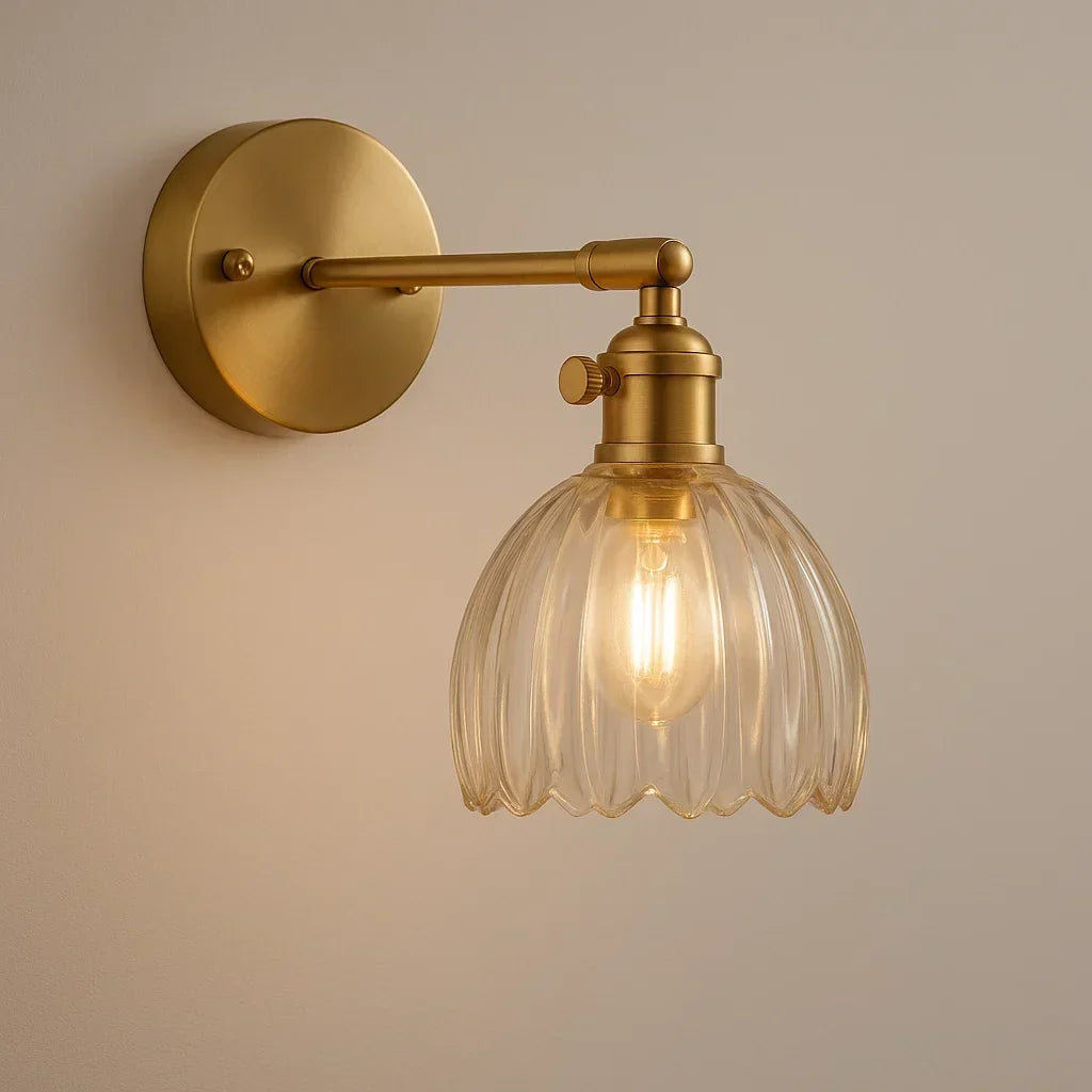 Tulip Glass Sconce with Brass Arm 7 in Floral Shade E27 Socket Bedside Hallway Ambient Light Vintage Decorative Fixture for Bedroom Living R