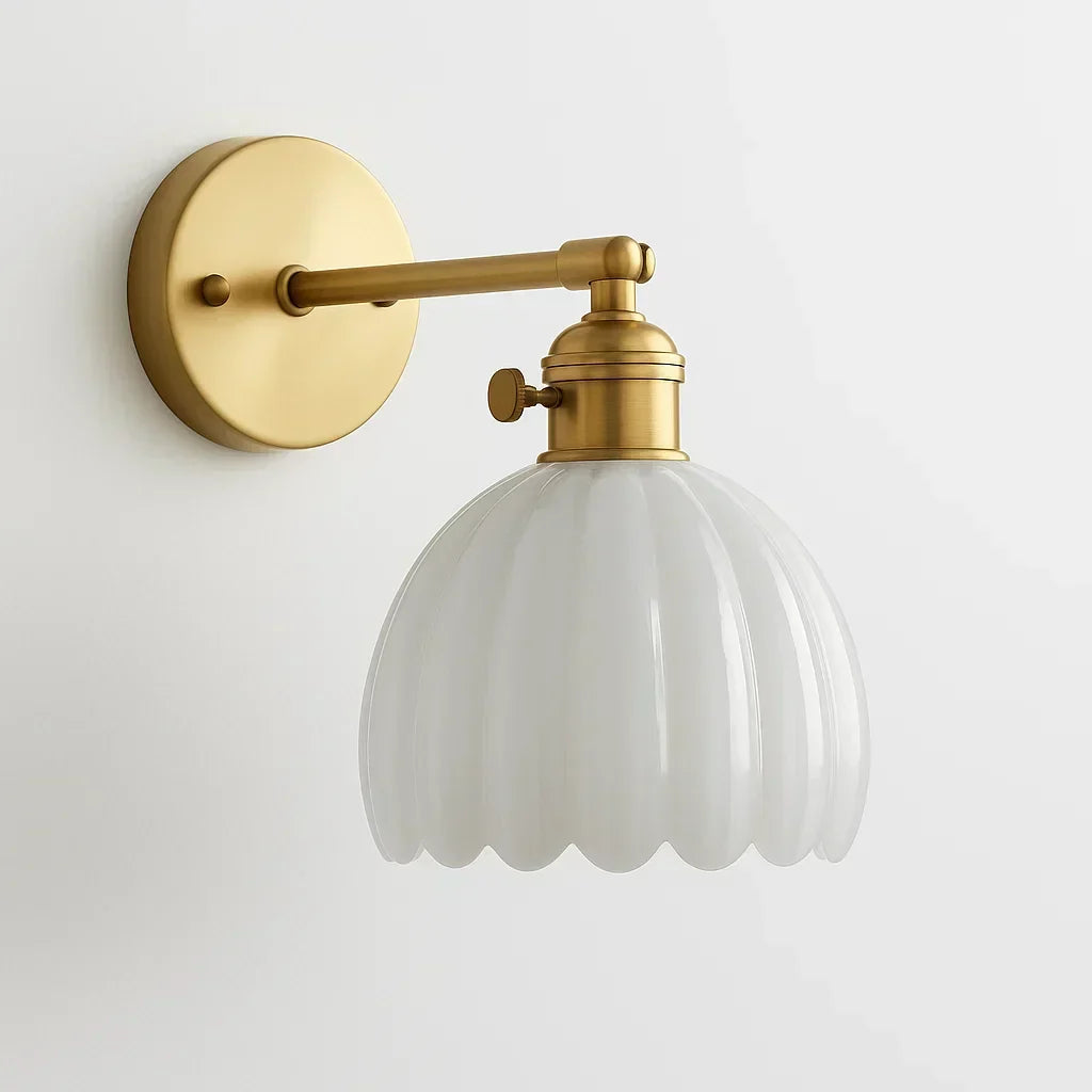 Tulip Glass Sconce with Brass Arm 7 in Floral Shade E27 Socket Bedside Hallway Ambient Light Vintage Decorative Fixture for Bedroom Living R
