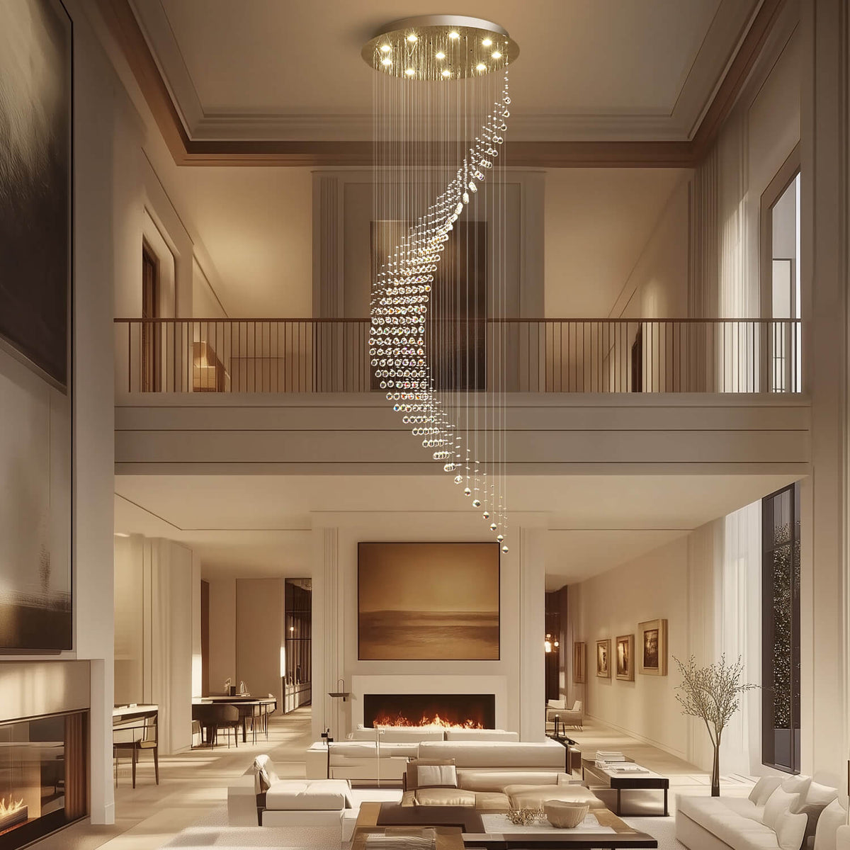 Cascading Crystal Pendant Light Fixture Adjustable Chrome Hanging Lamp for Entryway Stairwell High Ceiling Rooms with Raindrop Prisms