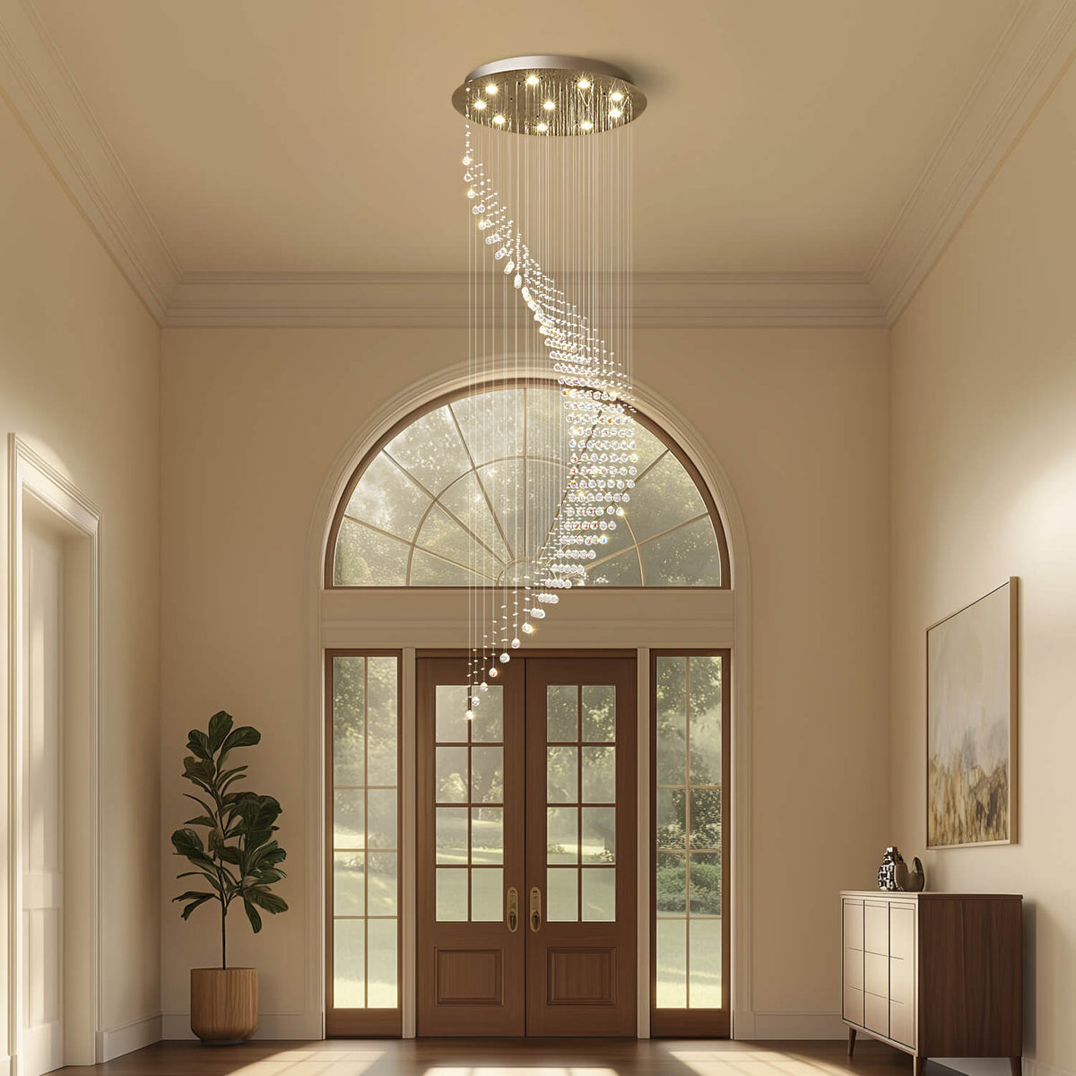 Cascading Crystal Pendant Light Fixture Adjustable Chrome Hanging Lamp for Entryway Stairwell High Ceiling Rooms with Raindrop Prisms