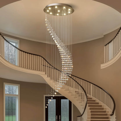 Cascading Crystal Pendant Light Fixture Adjustable Chrome Hanging Lamp for Entryway Stairwell High Ceiling Rooms with Raindrop Prisms