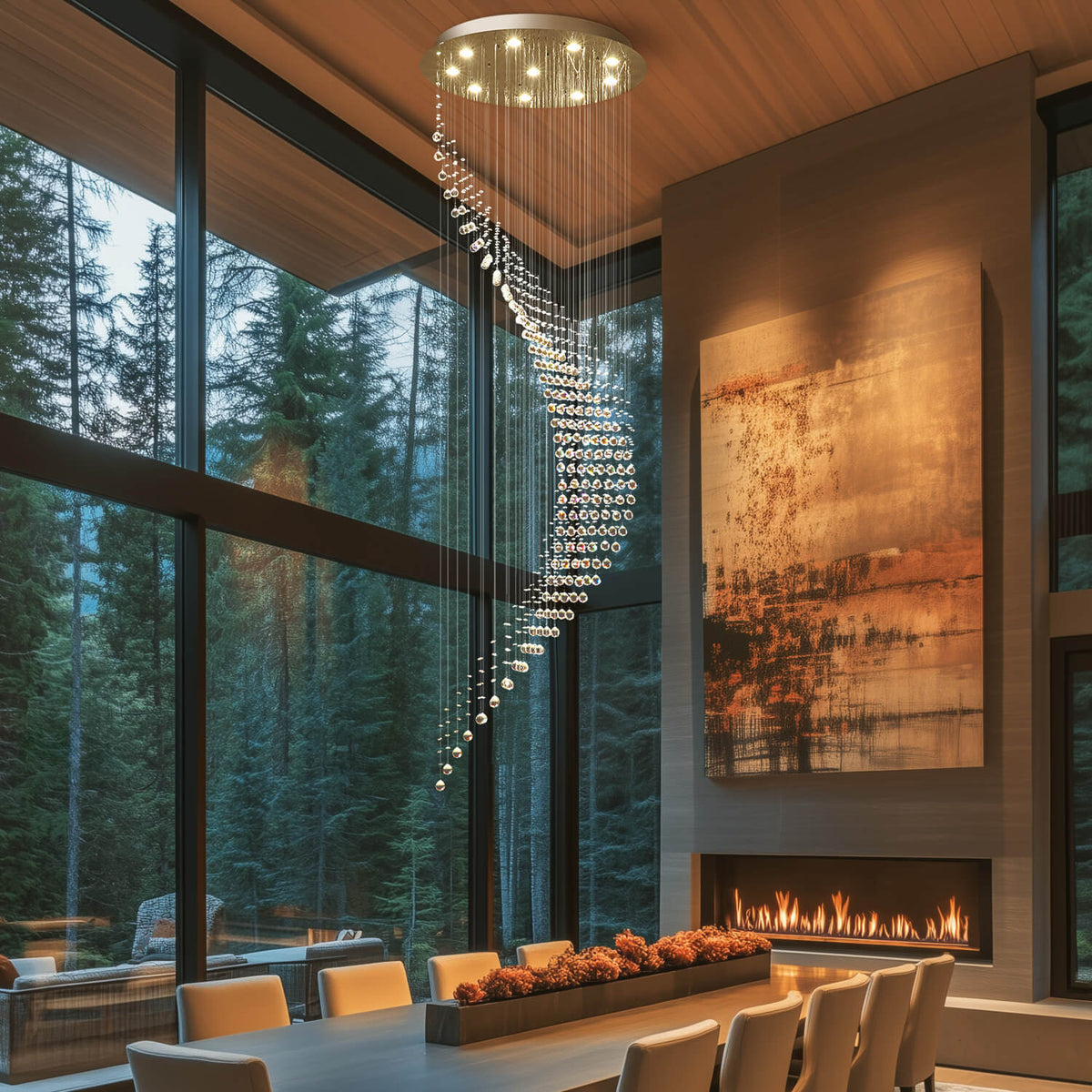 Cascading Crystal Pendant Light Fixture Adjustable Chrome Hanging Lamp for Entryway Stairwell High Ceiling Rooms with Raindrop Prisms