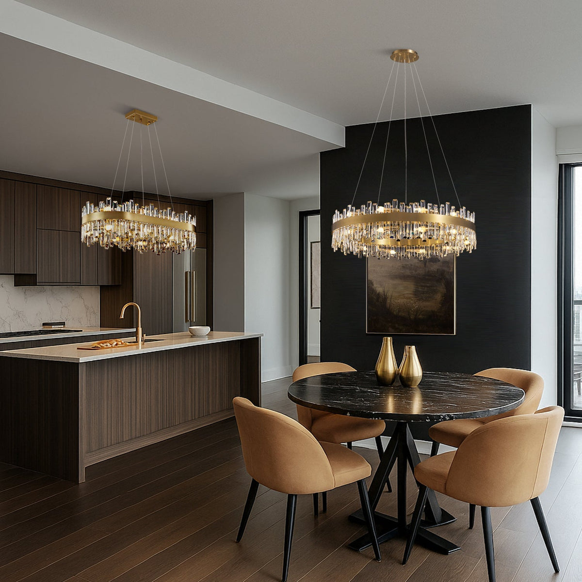 Tiered Crystal Chandelier with Gold Frame – Dining Room & Kitchen Island Ceiling Light – 19.7 to 39.4 inch diameter – Multi-Layer K9 Prism D