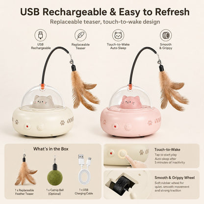 Ortekor Automatic UFO Cat Toy for Indoor Cats - Red Dot Laser, Feather Teaser & Catnip Ball for Bored Cats While You're Busy