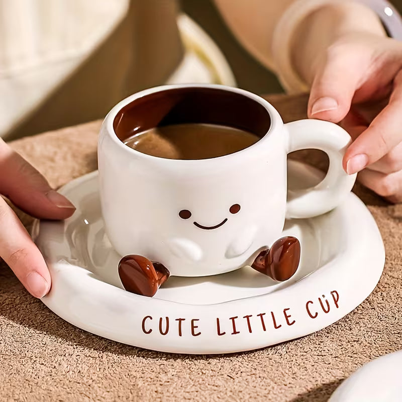 Ceramic Mug and Saucer Set 8.5 oz White with Hand-Painted Smile for Coffee Tea Latte Hot Chocolate Kitchen Gift for Coffee Lovers