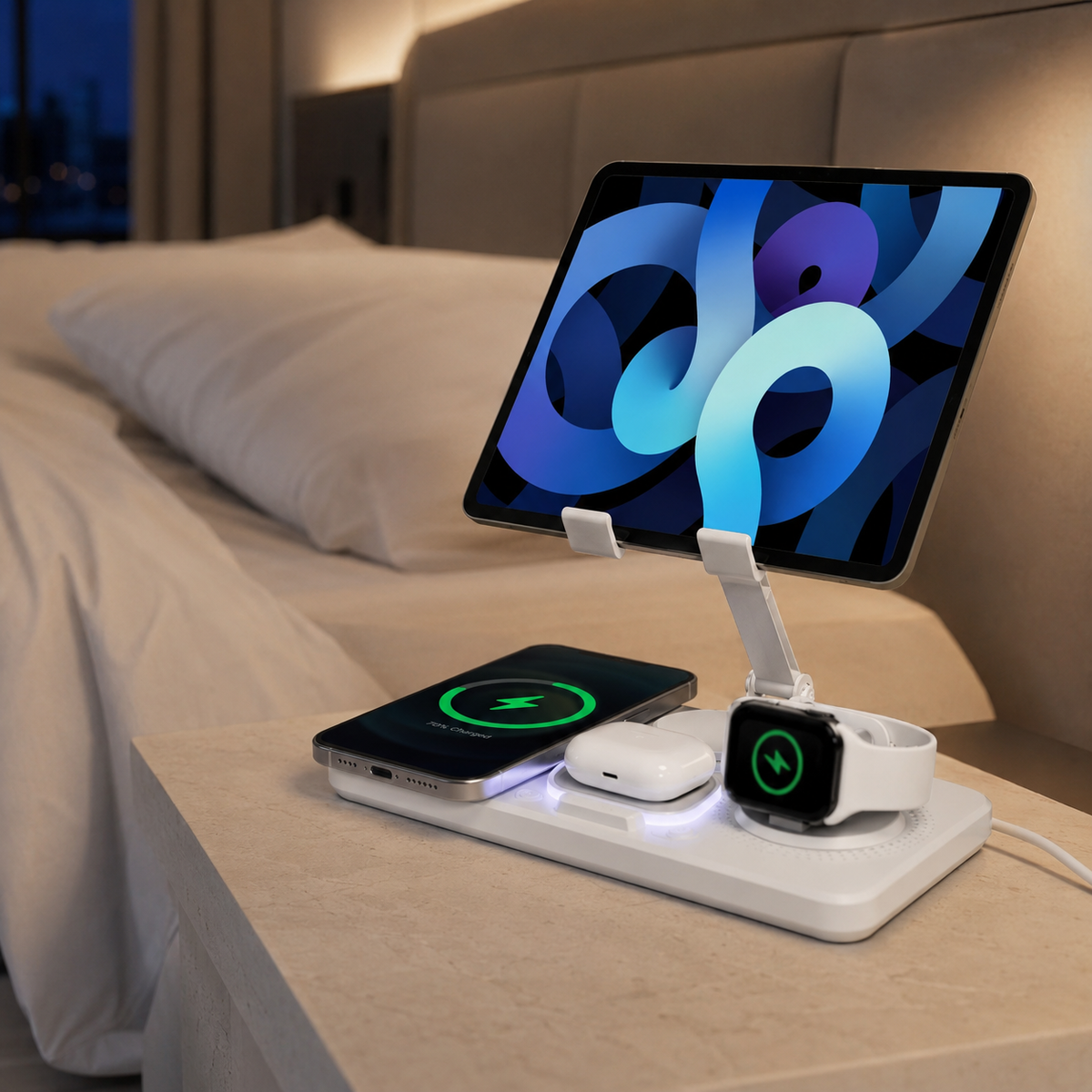 Multi-Device Wireless Charging Station with Adjustable Tablet Holder for Phones, Watches & Earbuds