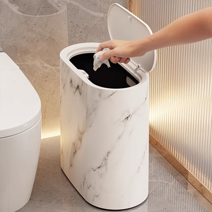 Waste Basket with Hinged Lid for Small Spaces – Oval Desktop Garbage Can for Bathroom, Bedroom, Office & Vanity