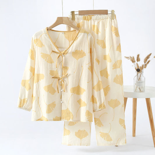 Conjunto de pijama de algodón para mujer con estampado de hojas de ginkgo y detalle de lazo para estar en casa