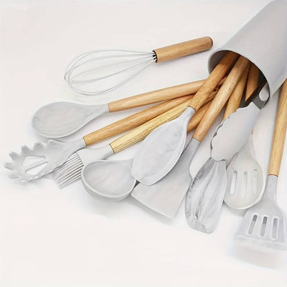12-Piece Silicone Cooking Utensil Set with Wood Handles Heat Resistant Kitchen Tools for Nonstick Cookware Home Chef Spatula Spoon Whisk