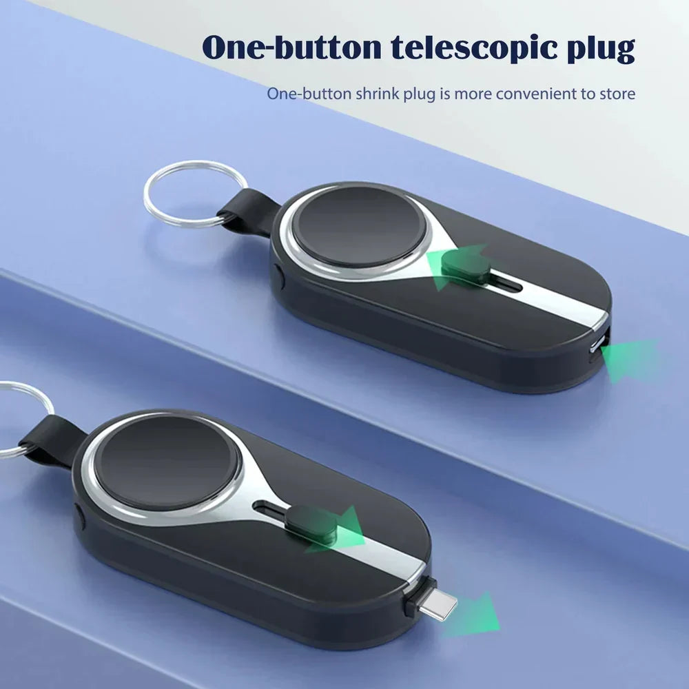 Clip-On Portable Power Bank with Wireless Charging Pad for Smartphones and Smartwatches, Lightweight Keychain Battery Pack with Carabiner At