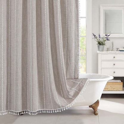 Waterproof Bath Curtain with Tassel Trim 71 x 79 Inches Gray Woven Linen Privacy Screen for Bohemian Bathrooms Country Style Decor Machine W