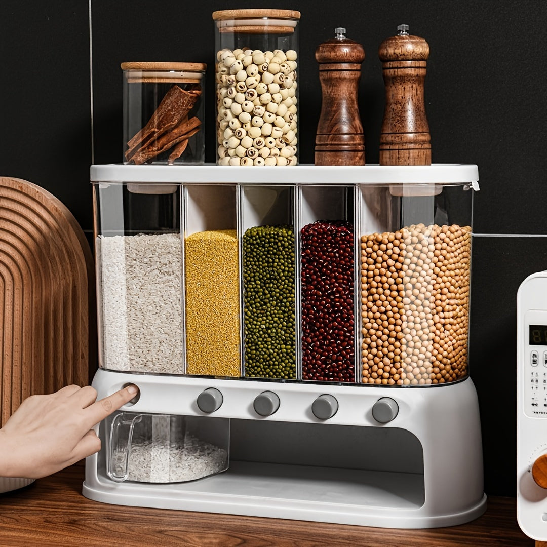 5-Section Dry Food Dispenser with Press Buttons & Sealed Flip Lid for Rice Pasta Beans Cereal Snacks Kitchen Pantry Counter Cabinet