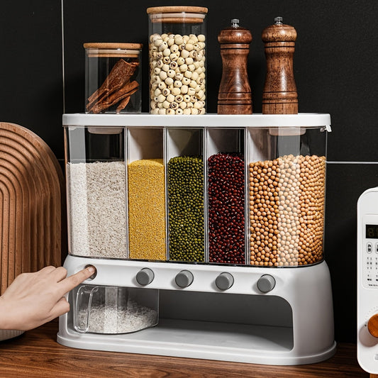 5-Section Dry Food Dispenser with Press Buttons & Sealed Flip Lid for Rice Pasta Beans Cereal Snacks Kitchen Pantry Counter Cabinet