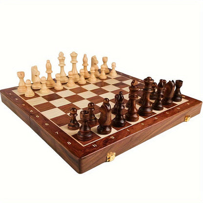 Handcrafted Wooden Chess Set with Weighted Pieces & Folding Board | Storage Inside | Walnut & Maple Inlay Design | Adult & Kids Strategy