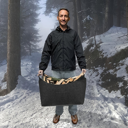 Collapsible Firewood Basket with Wooden Handles – 14.5 Gallon Felt Log Carrier for Living Room & Fireplace – Dark Gray Storage Bin
