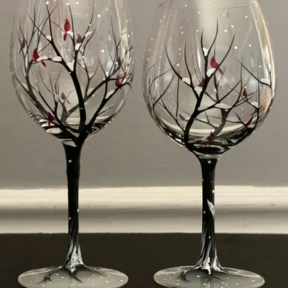 Hand-Painted Seasonal Tree Wine Glasses – Artisan Stemware with Four Seasons Design for Home & Gift