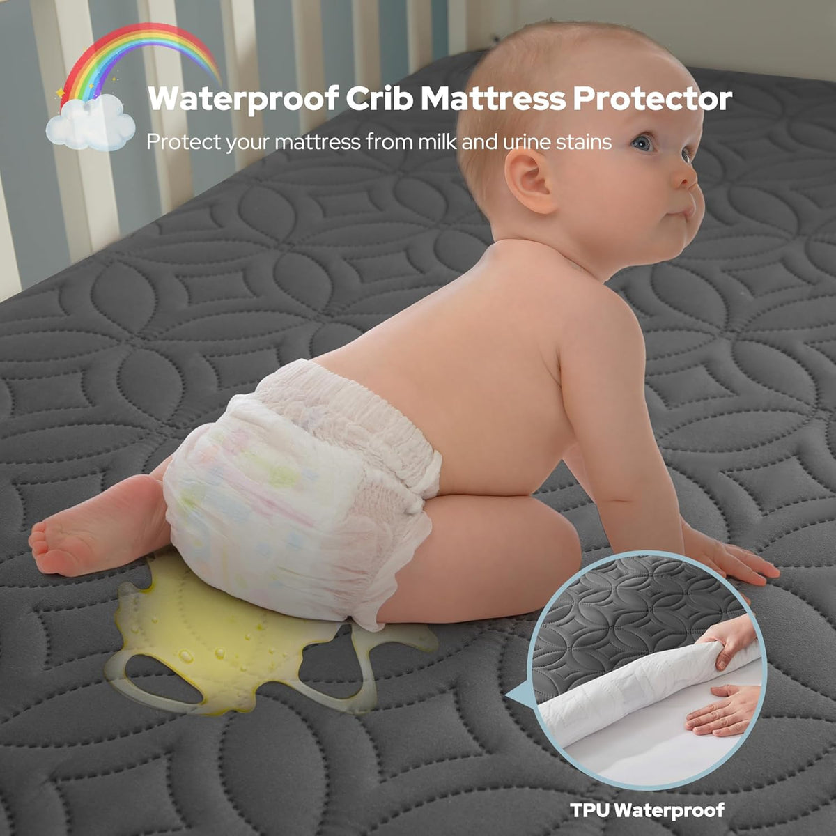 CozyNest | Protector impermeable para colchón de cuna con tela suave gris | Silencioso y lavable a máquina para la máxima comodidad del bebé