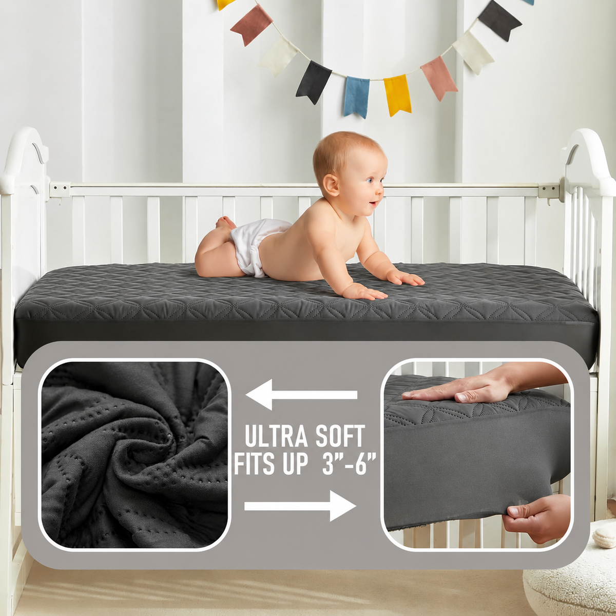 CozyNest | Protector impermeable para colchón de cuna con tela suave gris | Silencioso y lavable a máquina para la máxima comodidad del bebé
