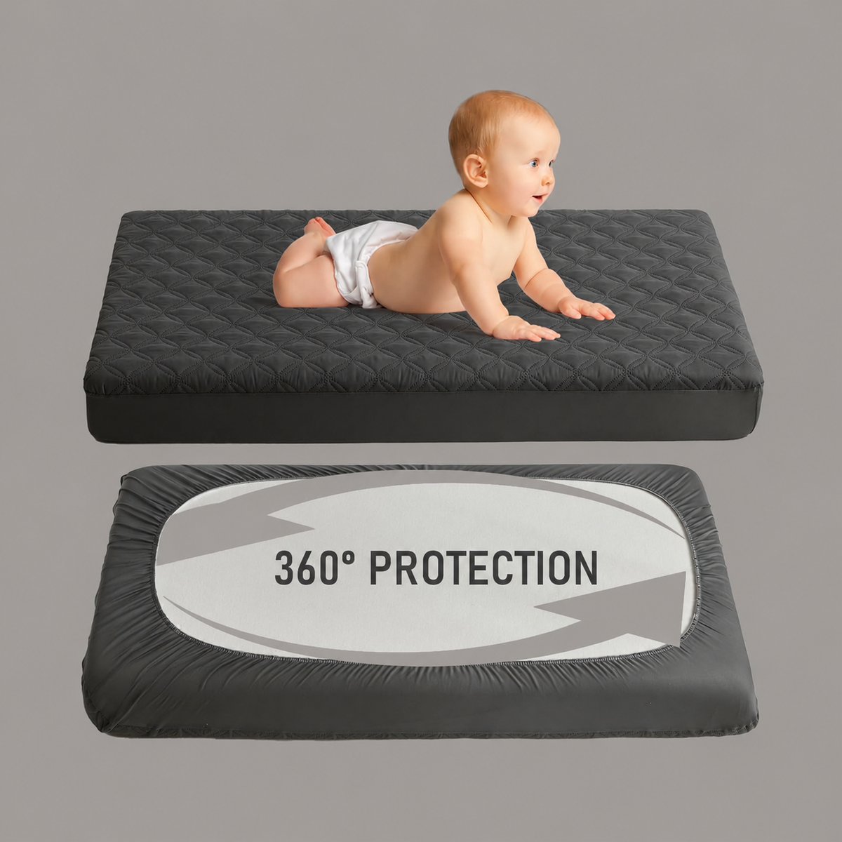 CozyNest | Protector impermeable para colchón de cuna con tela suave gris | Silencioso y lavable a máquina para la máxima comodidad del bebé