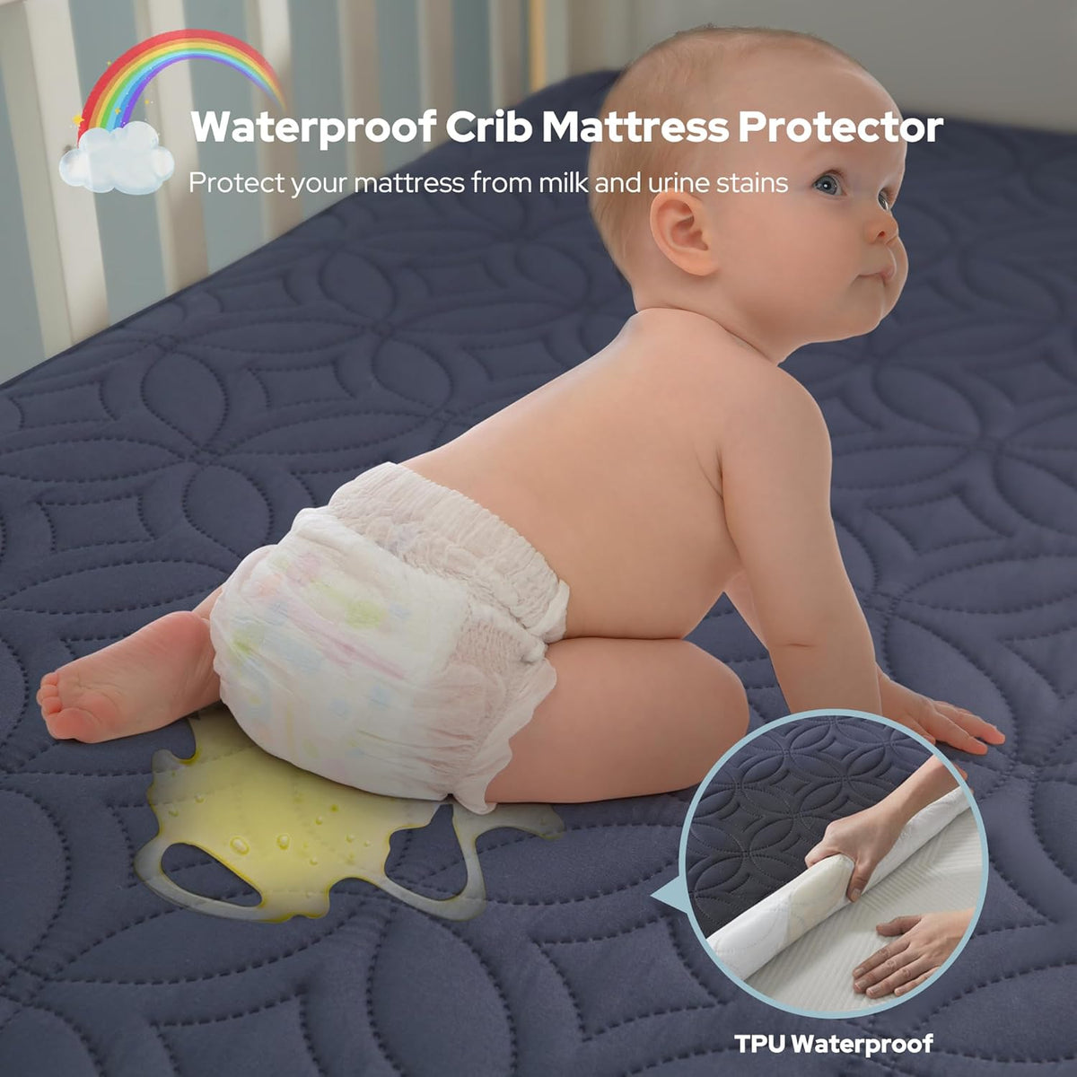 CozyNest | Protector impermeable para colchón de cuna con tela suave gris | Silencioso y lavable a máquina para la máxima comodidad del bebé
