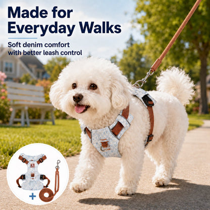 Ortekor Vintage Denim No-Pull Dog Harness &5 ft Rope Leash Set - Soft Adjustable Vest for Everyday Walks, Better Control & Low-Light Visibility