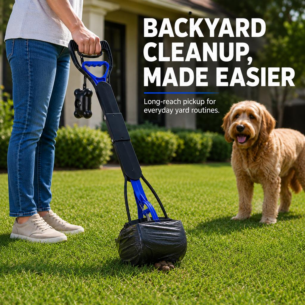Ortekor Foldable Long-Handle Dog Pooper Scooper for Yard & Walks - One-Hand Bag-Lined Pickup