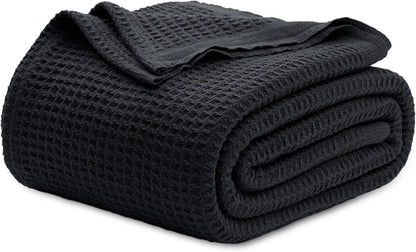 100% Cotton Waffle Weave Throw Blanket Queen King Breathable Lightweight Bed Cover for All Seasons Couch Sofa Bedroom Layering Textured