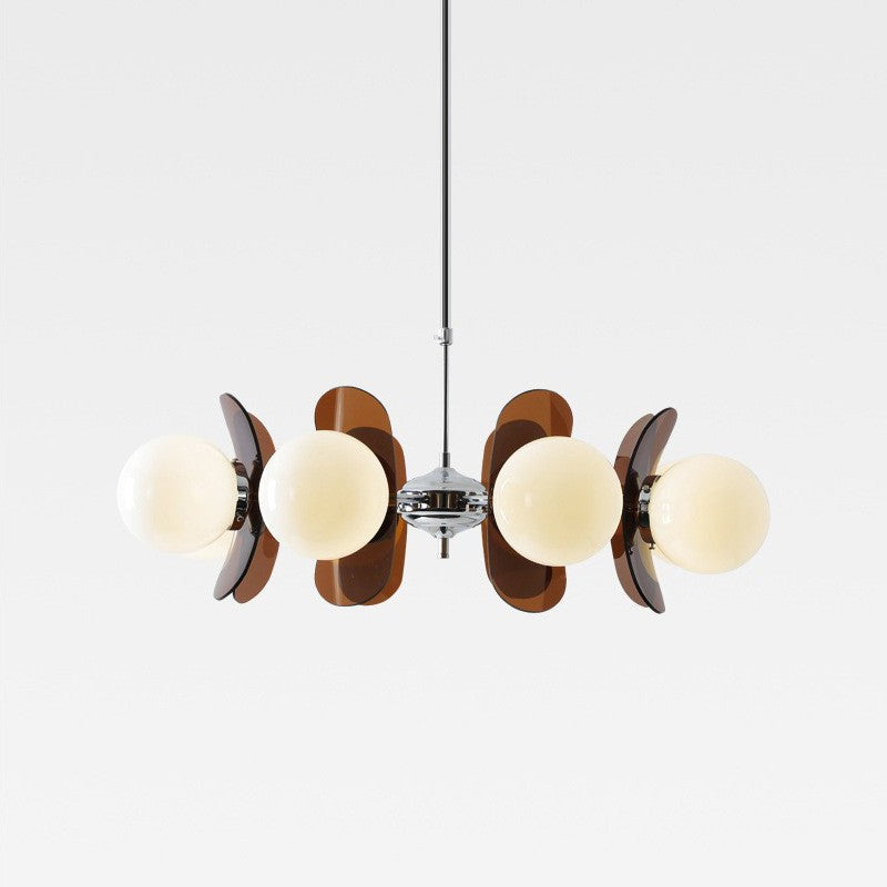 Geometric Modern Chandelier with Frosted Glass Globes – 5 or 8 Light Iron Frame Fixture for Dining Room & Living Space