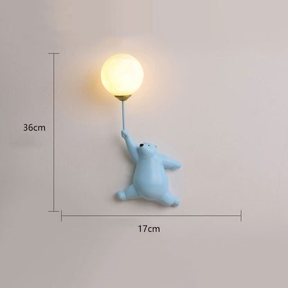 Bear with Balloon Wall Sconce Light for Kids Room Nursery Bedroom Playroom Resin Animal Design Accent Lighting White Blue Pink
