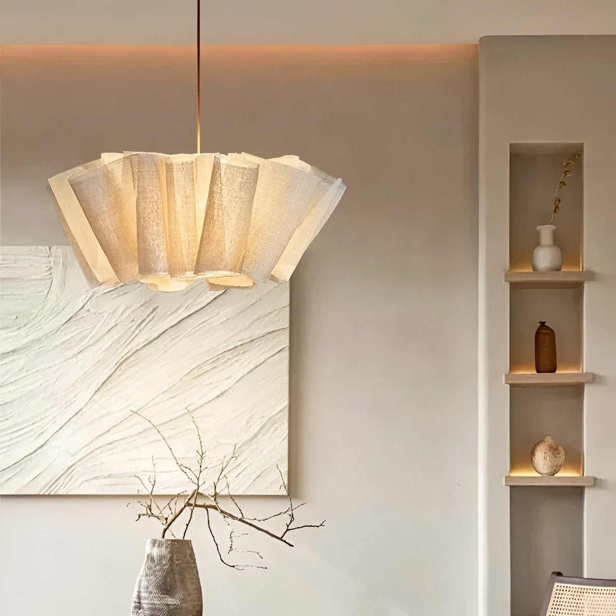 Lámpara de techo colgante con pantalla de tela plisada de 16 pulgadas, color crema cálido, para comedor, isla de cocina, estilo minimalista moderno escandinavo japonés, iluminación ambiental